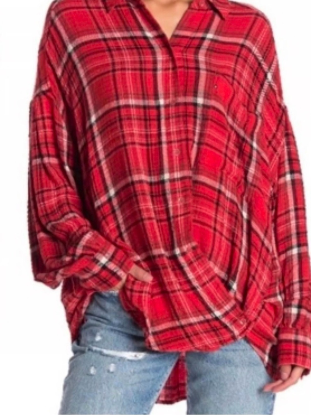 Free People Hidden Valley Red Plaid Flannel Oversized Tunic Shirt L